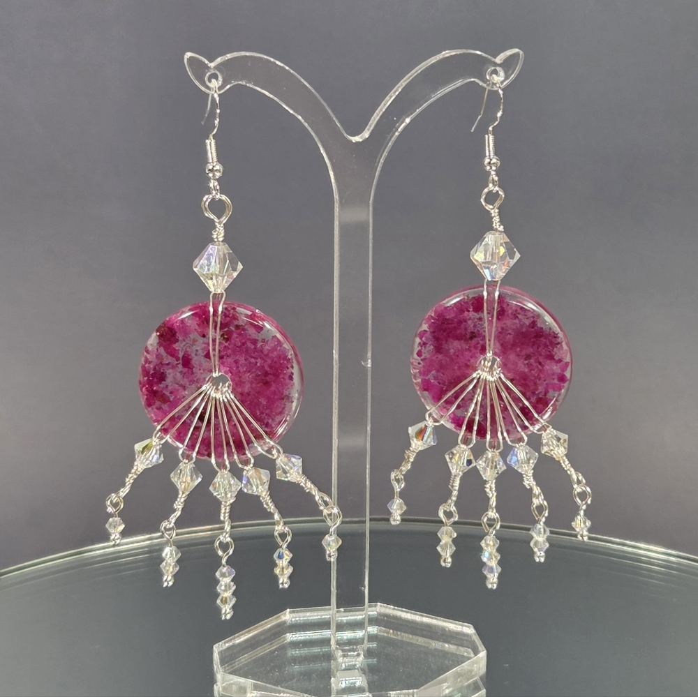 Gorgeous Handcrafted Genuine Crushed Rubies In Resin/ Silver Dangle Earrings